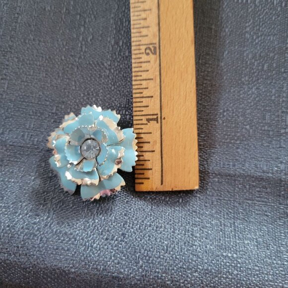 Vintage Blue Enamel Flower Brooch Pin With Rhinestone Center - Picture 3 of 3